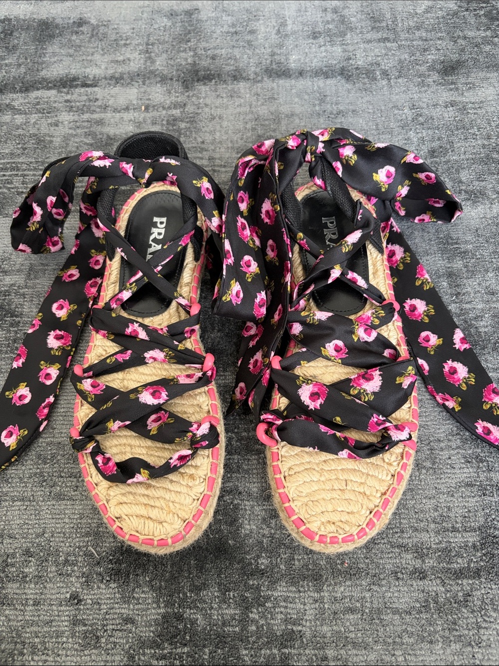 Prada Black Floral Ribbon Espadrille Sandals with Pink Accents